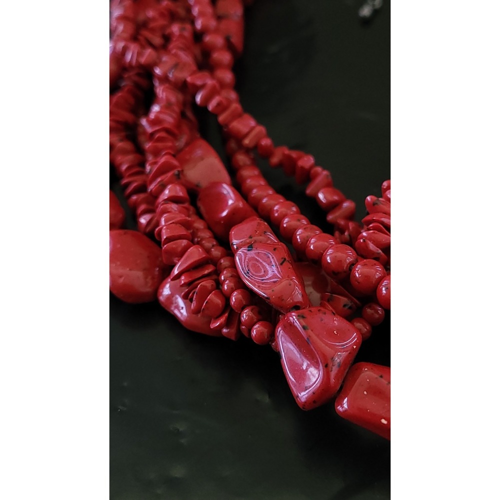 Vintage Dyed Red Coral Multi Strand Chunky Nugget Necklace 16in 94g
